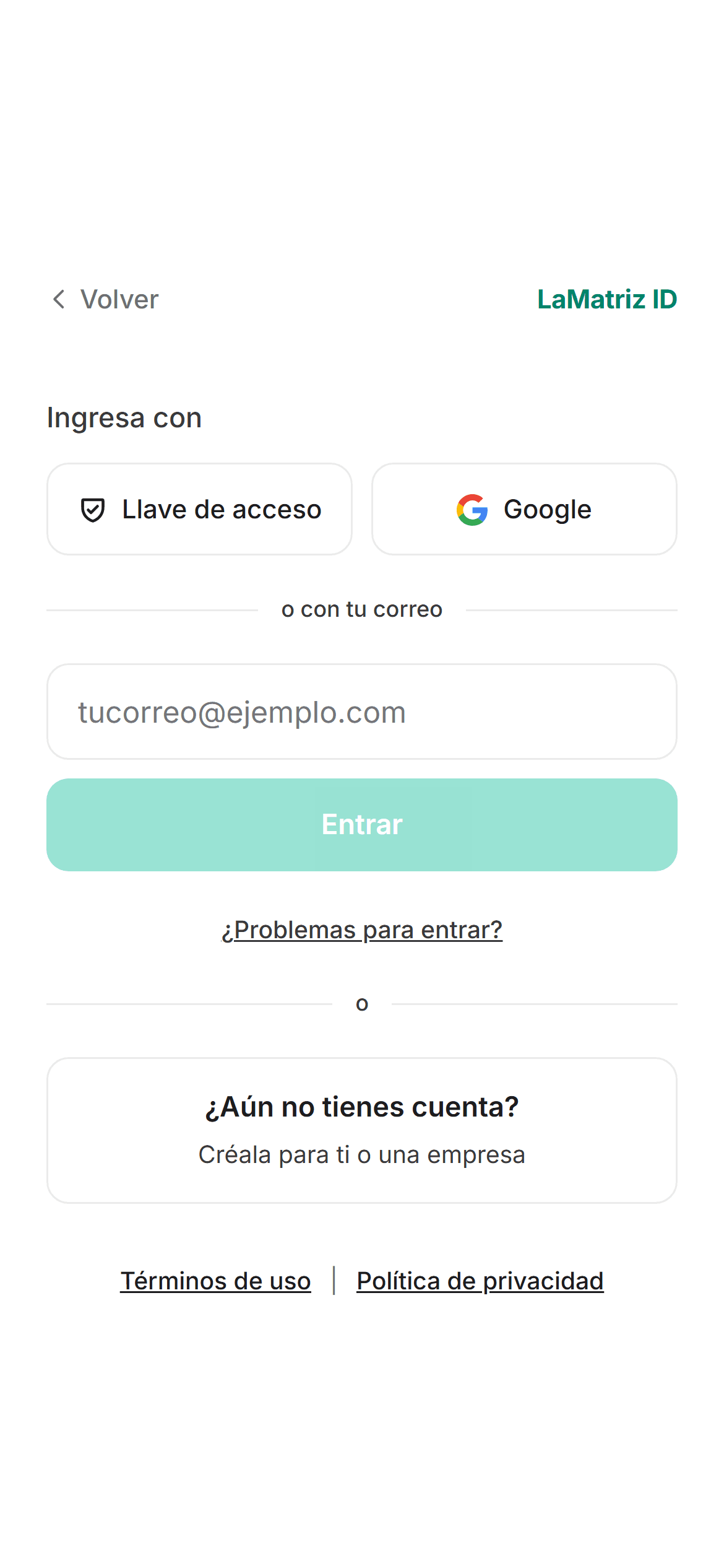 Entrada de LaMatriz ID: llave de acceso, Google o un código al correo