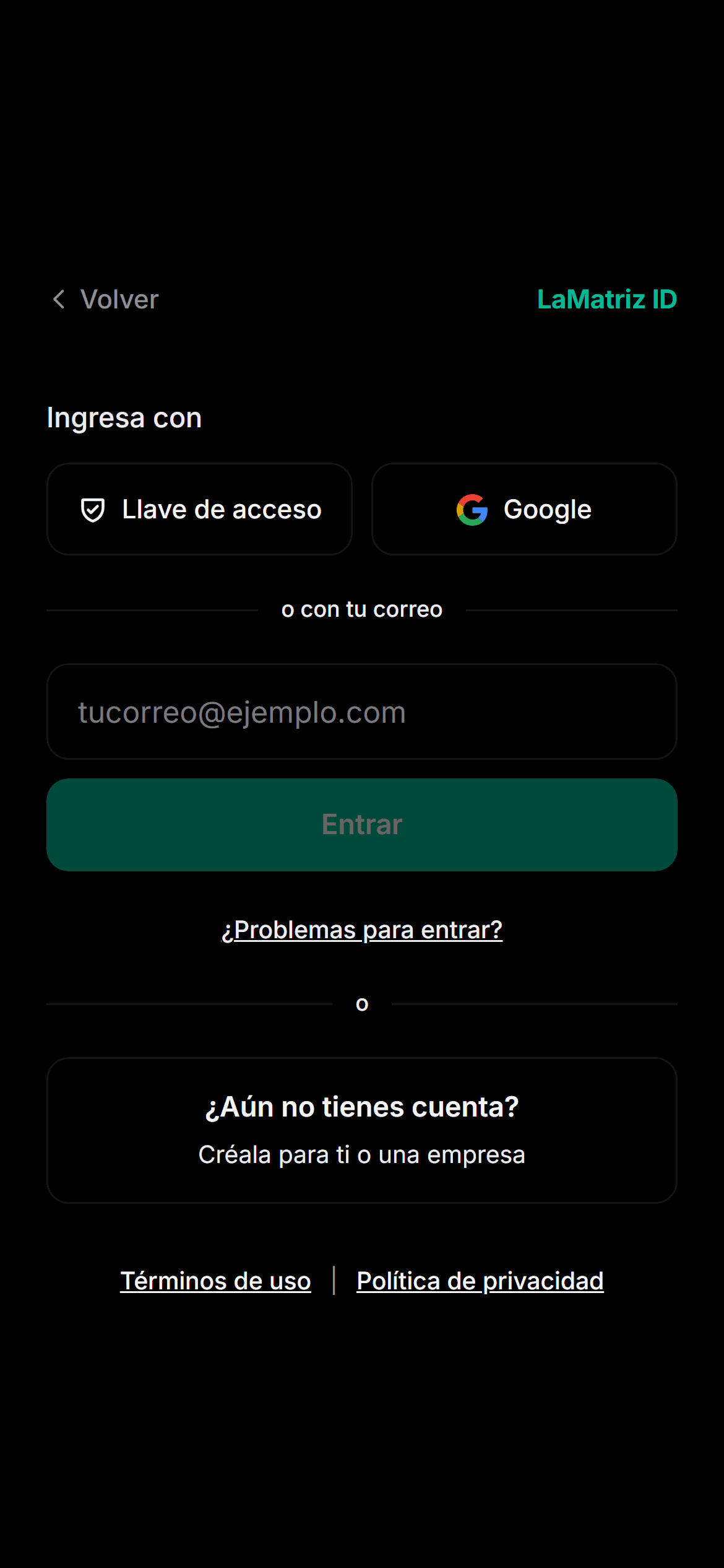 Entrada de LaMatriz ID: llave de acceso, Google o un código al correo